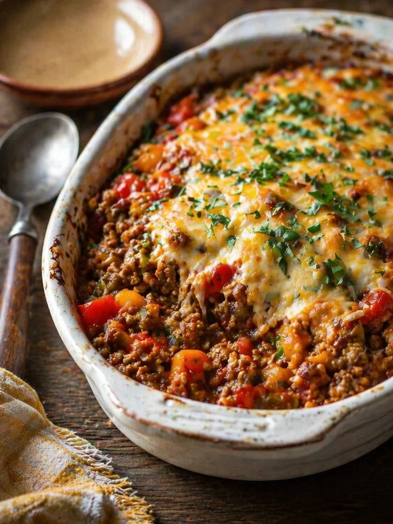 Delicious stuffed pepper casserole with beef served in a baking dish