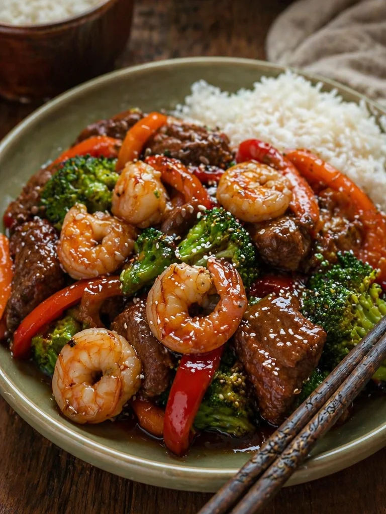 Sweet savory hoisin beef shrimp dish with vibrant colors and garnishes.