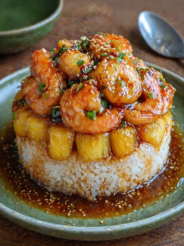 Teriyaki shrimp served over pineapple rice stack