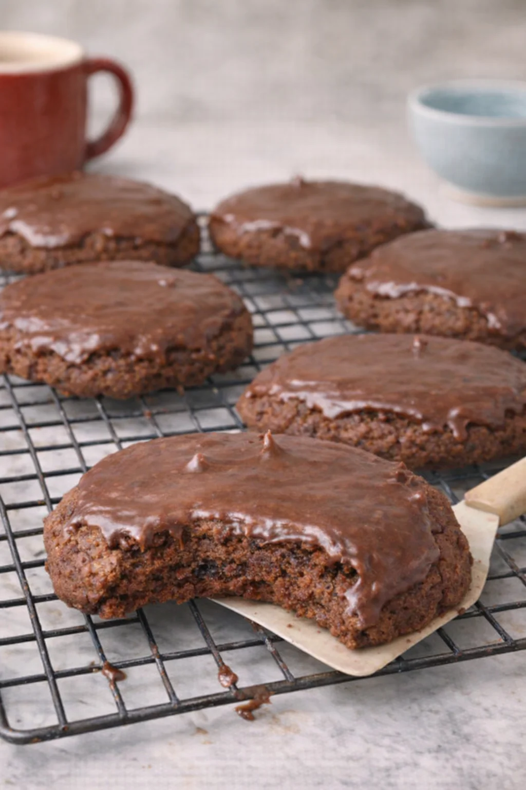 Texas Sheet Cake Cookies with Chocolate Buttercream frosting on a plate.
