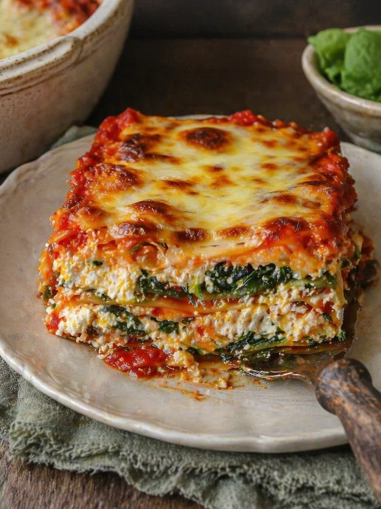 Ultimate spinach lasagna with three cheeses, fresh ingredients, and golden top.