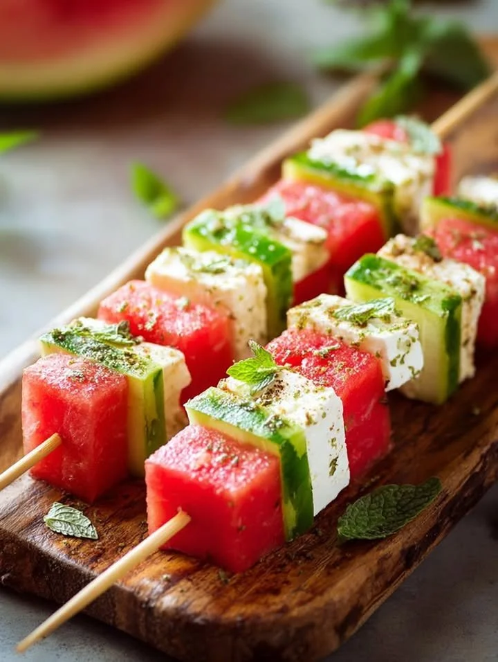 Delicious watermelon cucumber feta skewers drizzled with Tajín-lime dressing