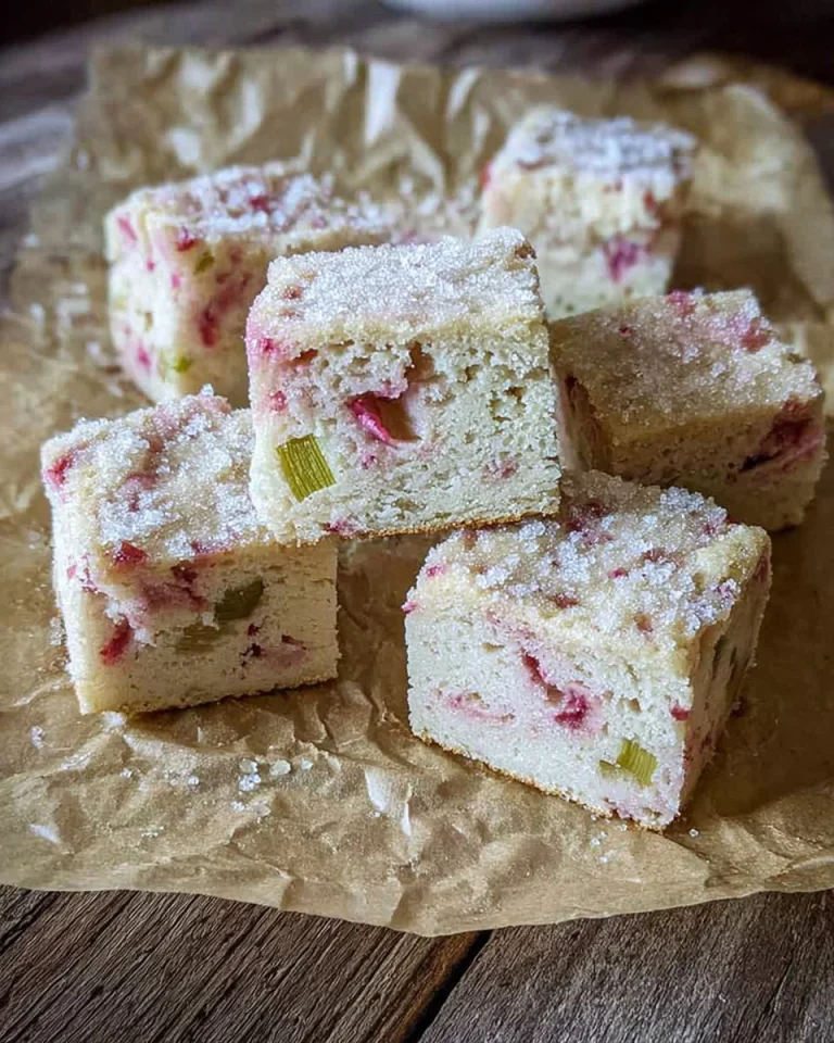Delicious 3 Ingredient Rhubarb Cake topped with fresh rhubarb and cream