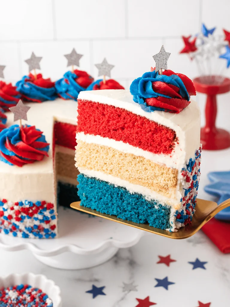 American Flag Layered Cake with vibrant red, white, and blue layers