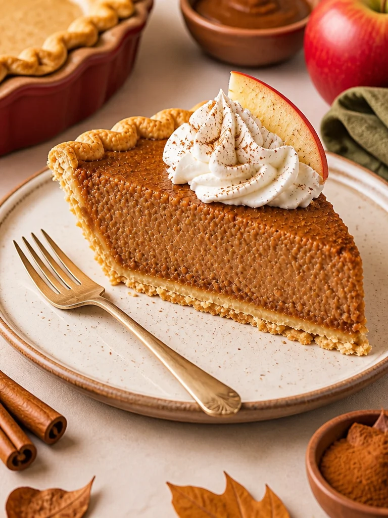 Delicious apple butter pie topped with whipped cream and cinnamon.
