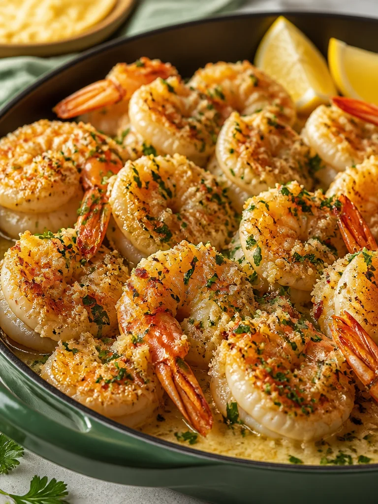 Baked garlic parmesan shrimp on a plate with herbs and lemon garnish