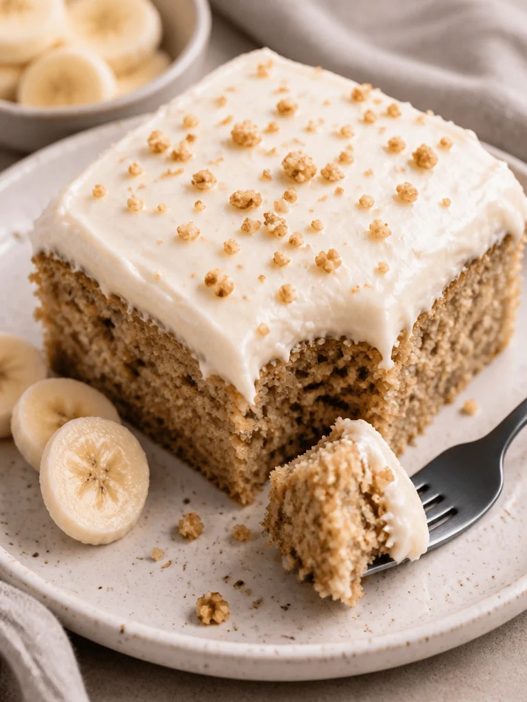 Delicious homemade banana sheet cake with creamy frosting.