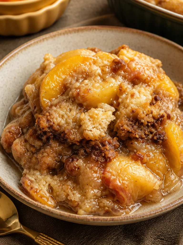 Best Peach Cobbler Recipe with Brown Sugar Pecan Crust Delicious peach cobbler with brown sugar pecan crust served in a dish
