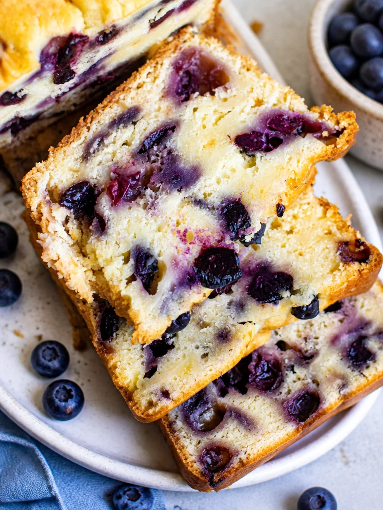 Blueberry Cream Cheese Loaf Slices of Blueberry Cream Cheese Loaf on a wooden table
