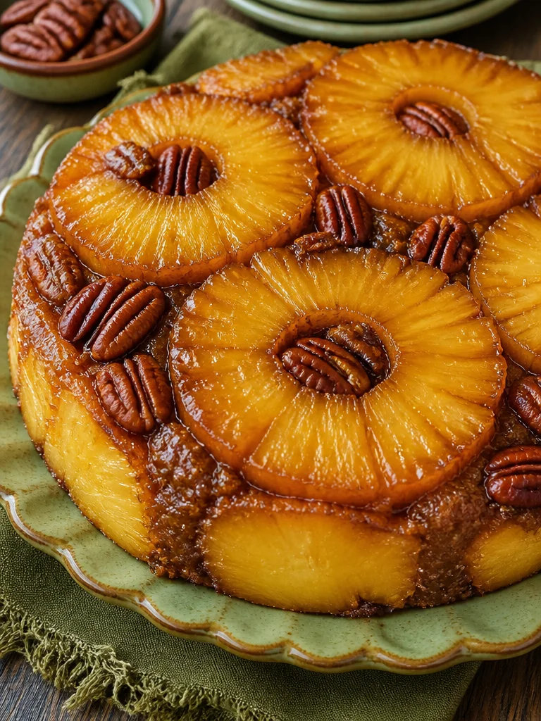Brown Sugar & Rum Pineapple Upside Down Cake topped with caramelized pineapple slices
