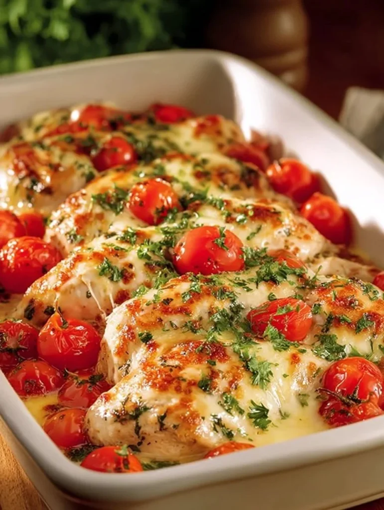 Bruschetta Chicken Bake topped with fresh tomatoes and basil