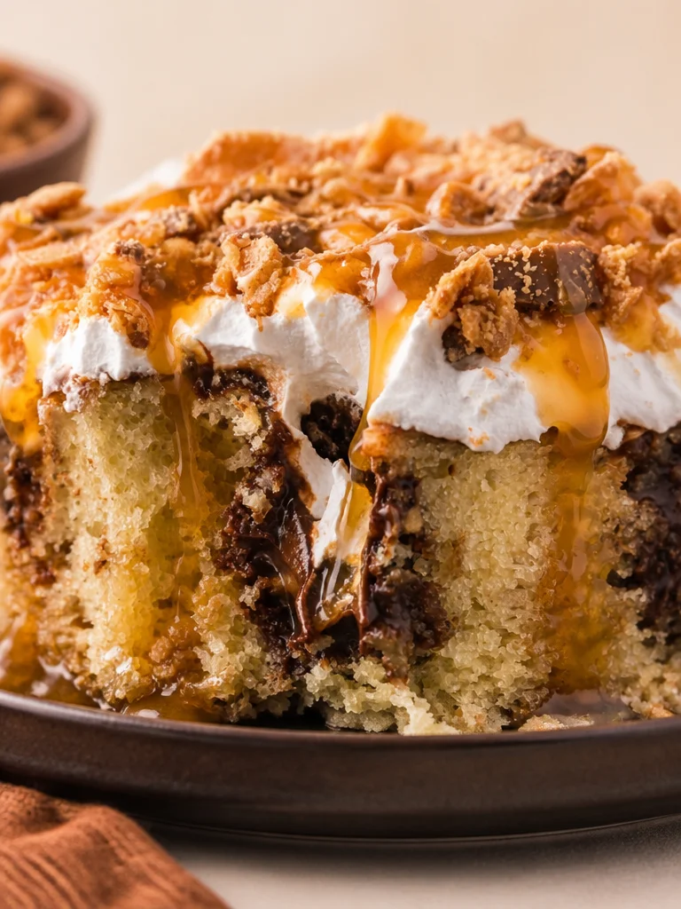 Butterfinger Poke Cake Delicious Butterfinger Poke Cake topped with chocolate and crushed Butterfinger bars.
