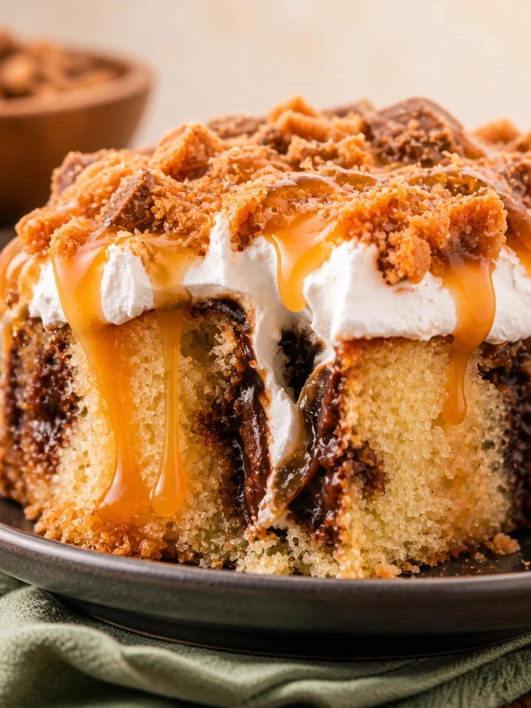 Butterfinger Poke Cake Delicious Butterfinger Poke Cake topped with chocolate and peanut butter for dessert