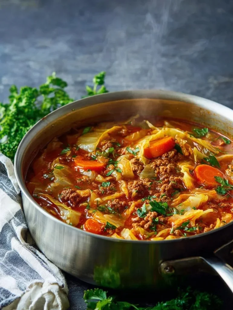 Delicious bowl of cabbage roll soup with vegetables and meat