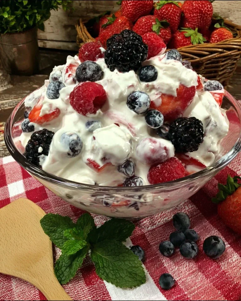 Delicious Cheesecake Summer Fruit Salad topped with assorted fresh fruits