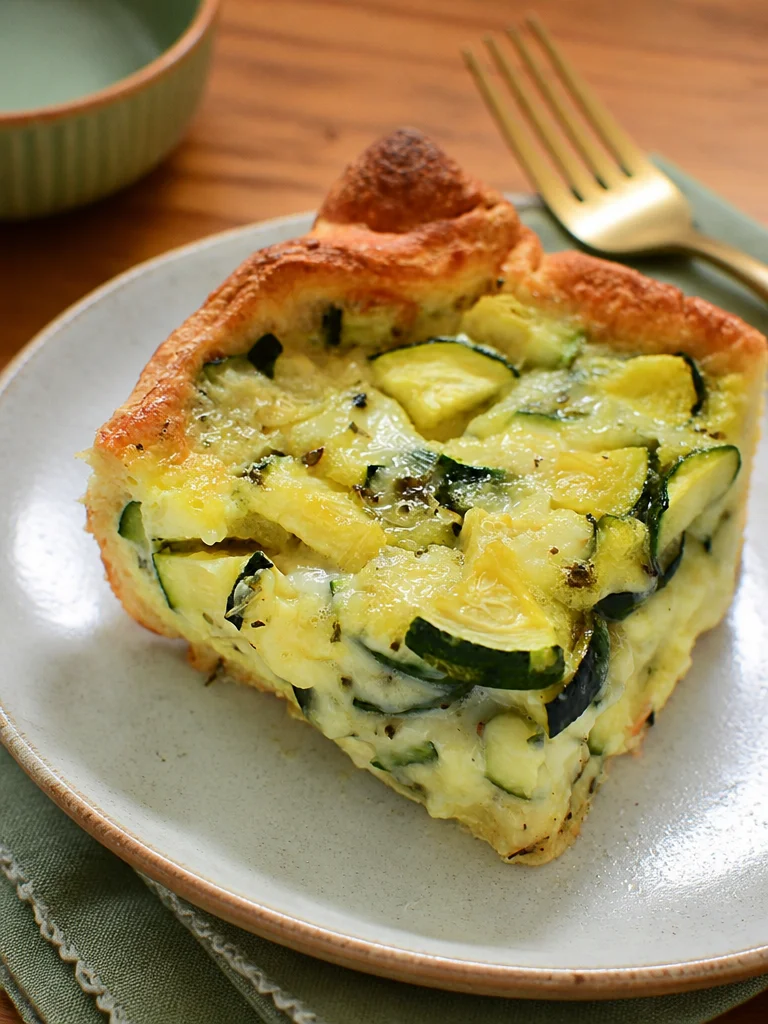 Cheesy baked zucchini casserole with golden cheese topping in a baking dish.