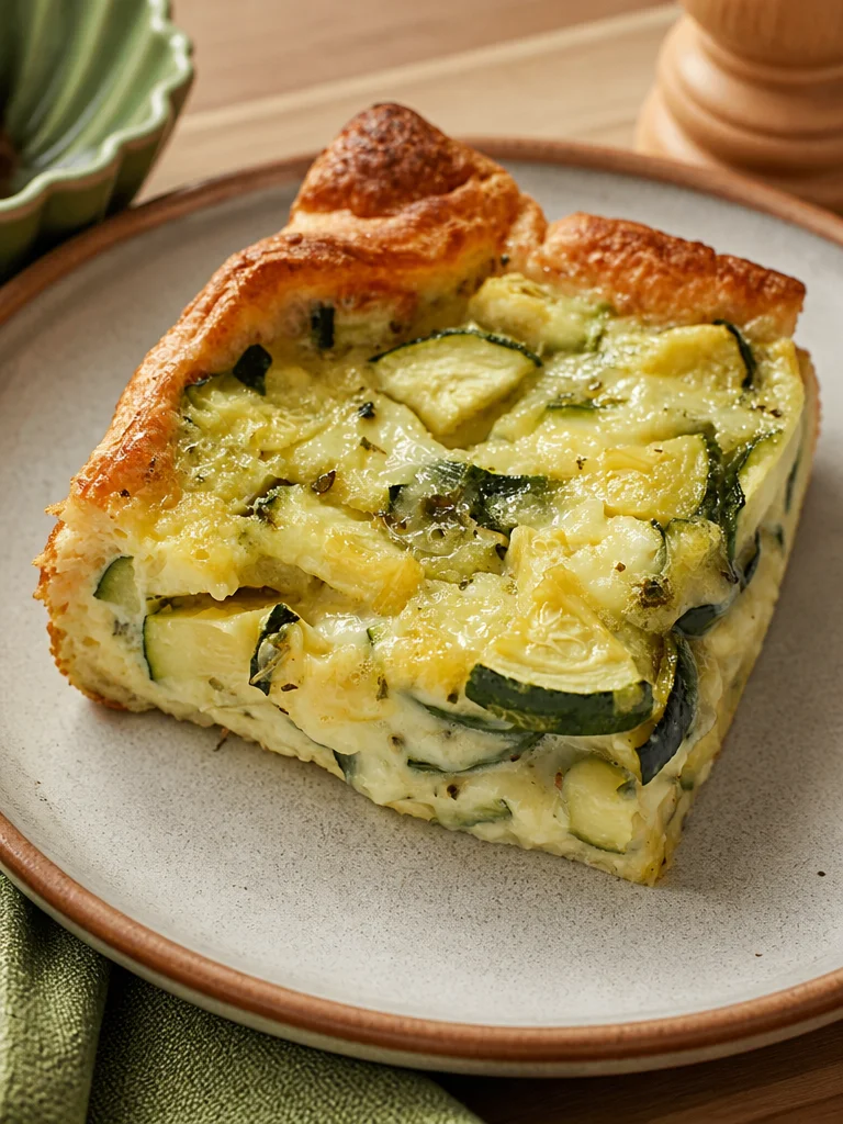 Cheesy baked zucchini casserole served in a white dish with melted cheese