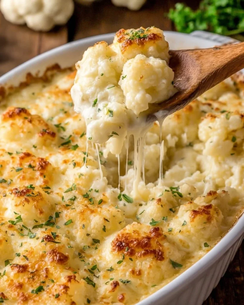 Cheesy cauliflower casserole low carb dish served in a baking dish