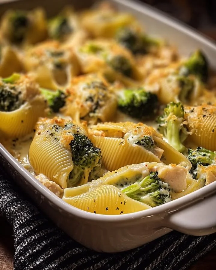 Cheesy chicken and broccoli stuffed shells topped with melted cheese