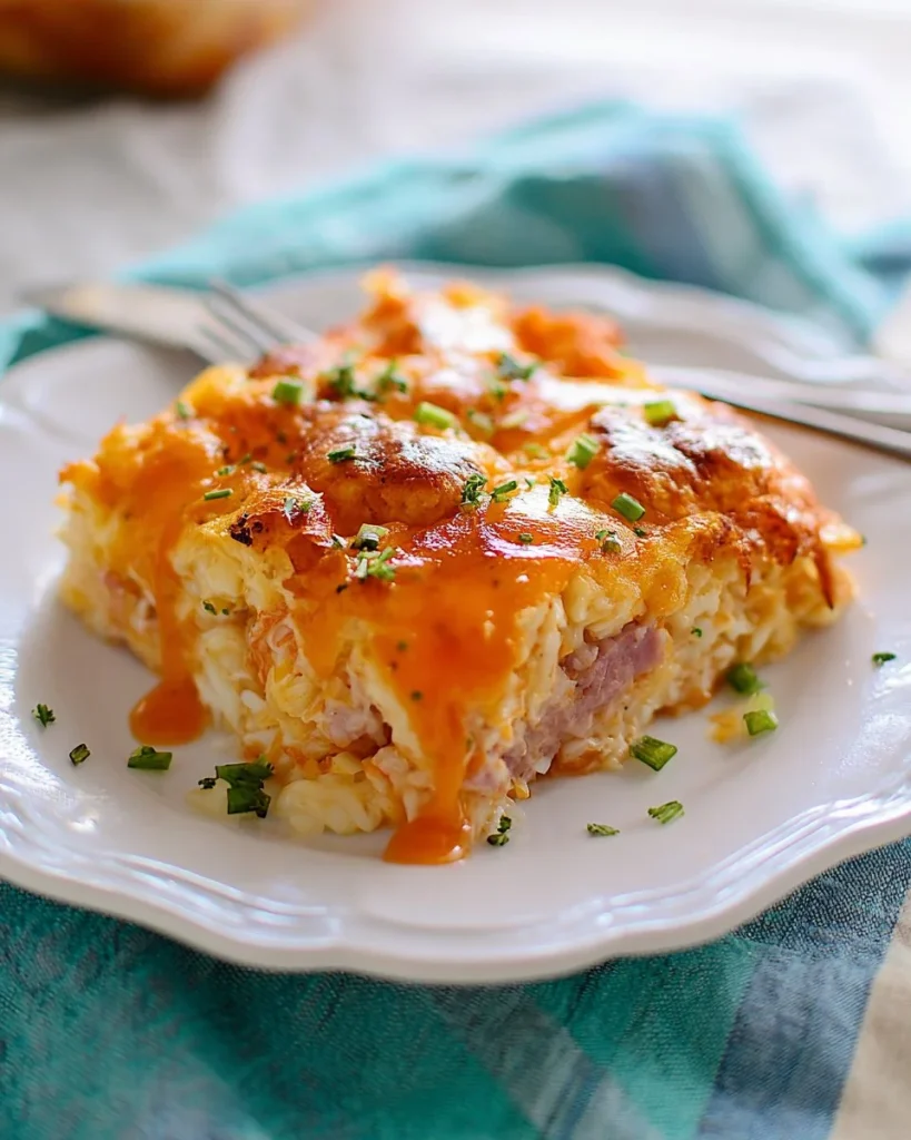 Cheesy ham and hashbrown casserole served in a baking dish