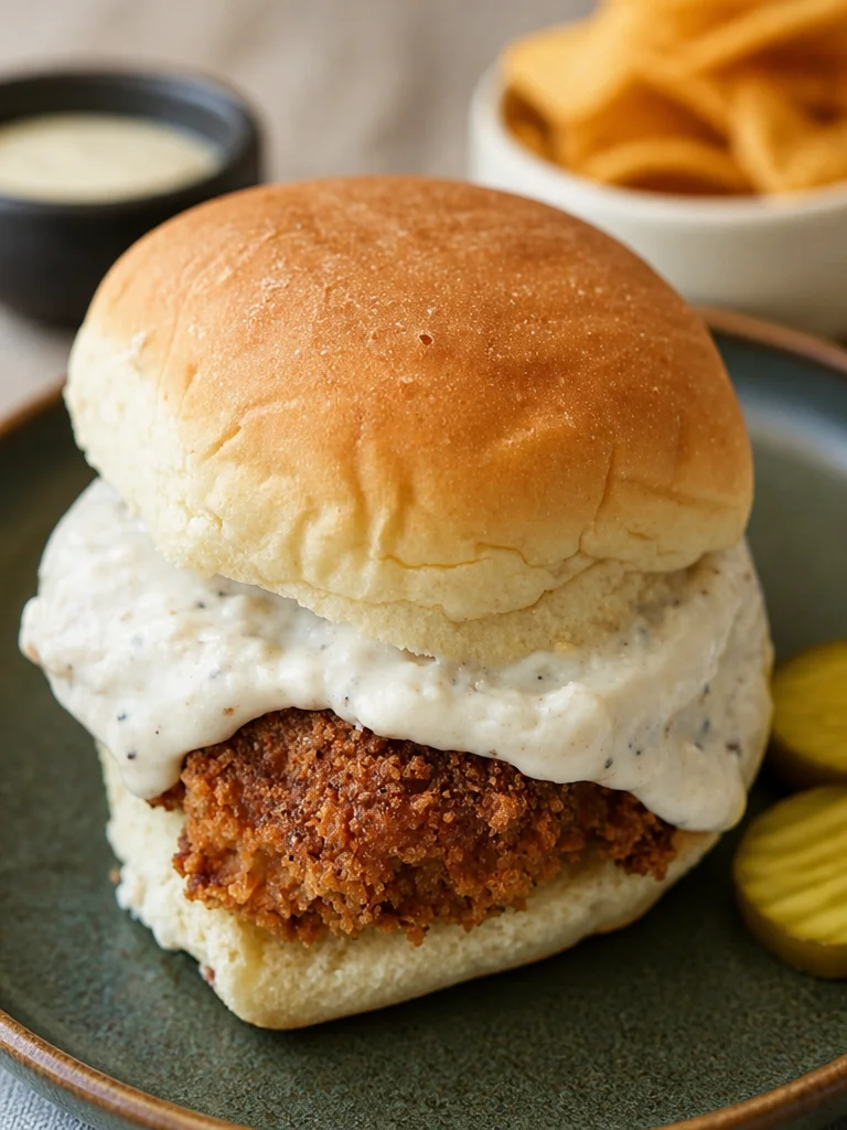 Chicken fried steak sliders served on a platter with condiments