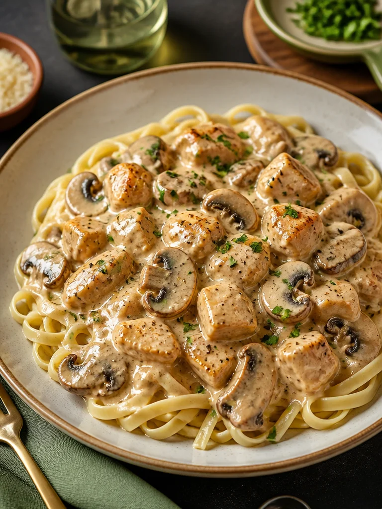 Chicken Mushroom Stroganoff Delicious plate of Chicken Mushroom Stroganoff with creamy sauce and mushrooms