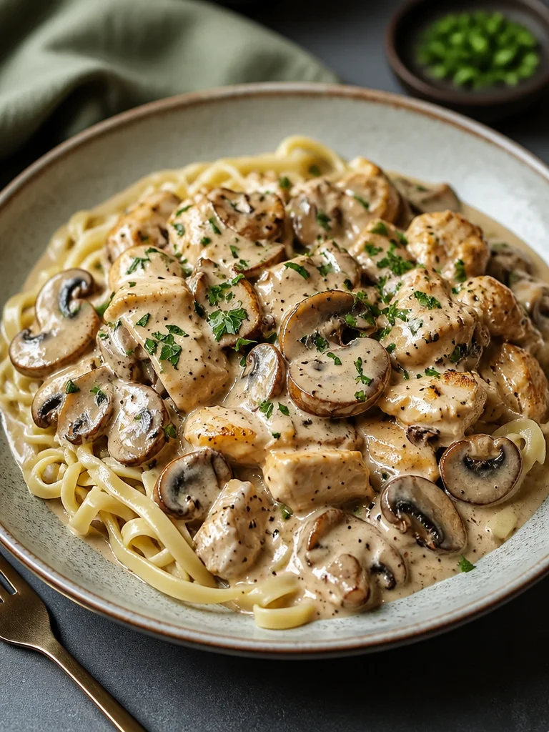 Delicious Chicken Mushroom Stroganoff served with pasta and garnished with parsley
