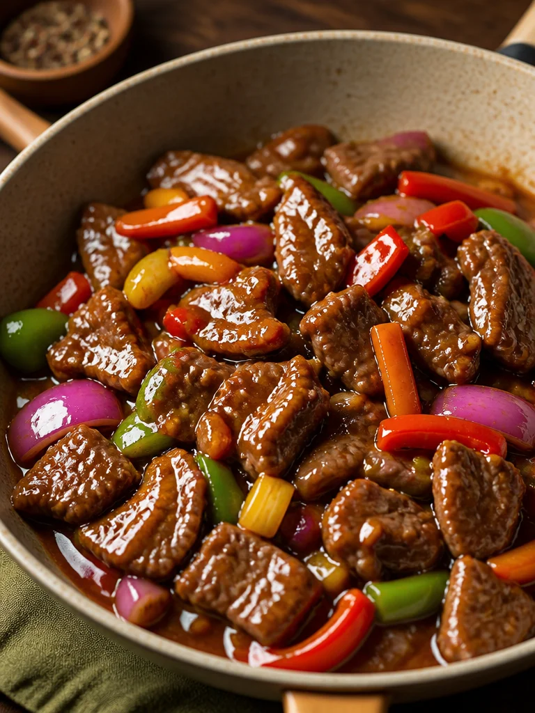 Delicious Chinese pepper steak stir-fry with tender beef and colorful vegetables