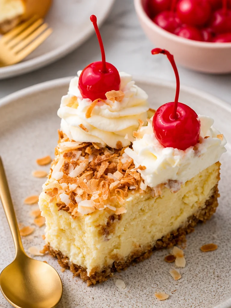 Delicious slice of Coconut Cheesecake topped with coconut flakes