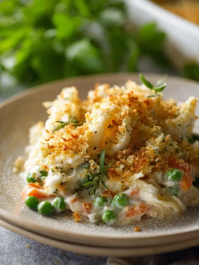 Creamy chicken and rice bake topped with fresh herbs in a baking dish