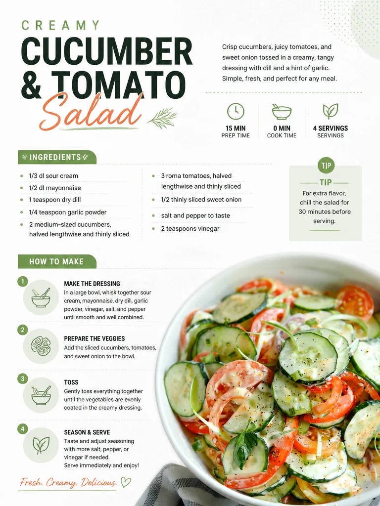 Creamy cucumber tomato salad served in a bowl with fresh herbs and spices