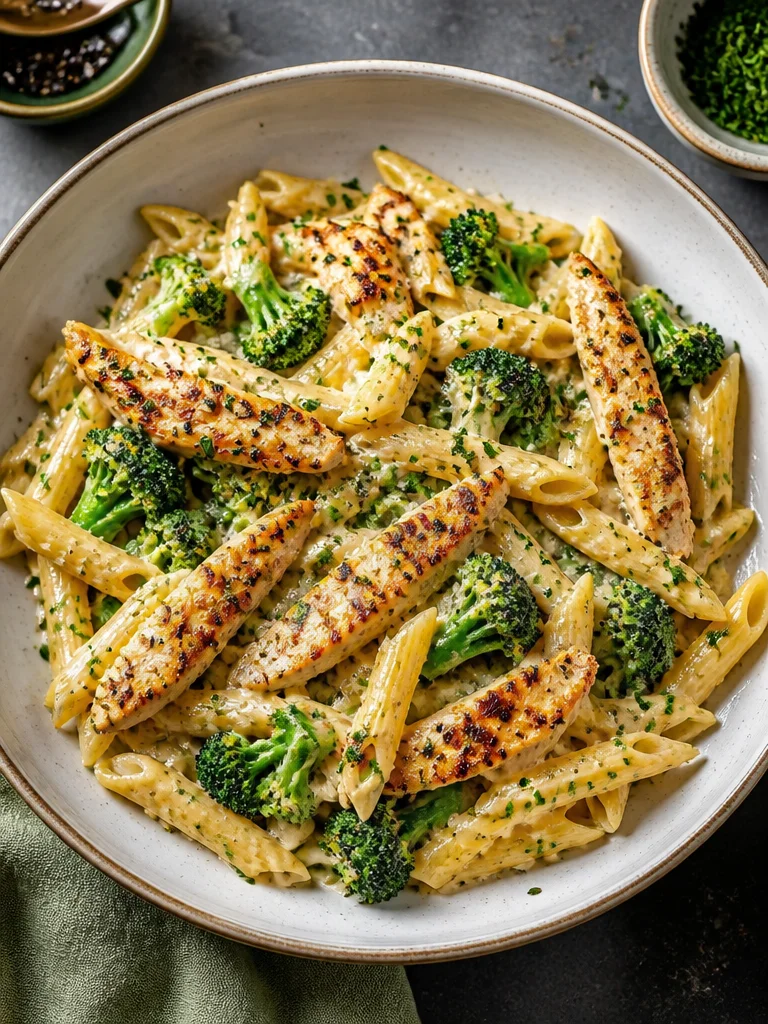 Creamy garlic chicken penne pasta dish served in a bowl