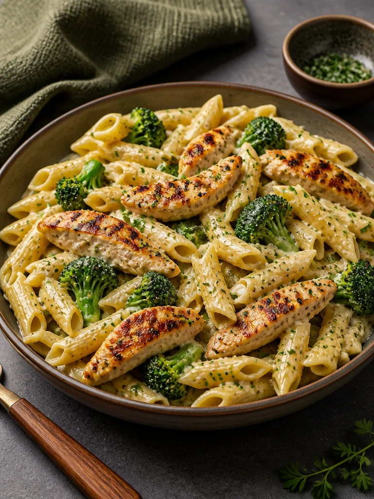 Creamy garlic chicken penne dish garnished with herbs