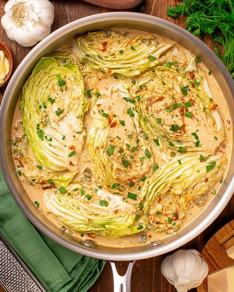 Creamy garlic parmesan cabbage dish with herbs and spices served in a bowl
