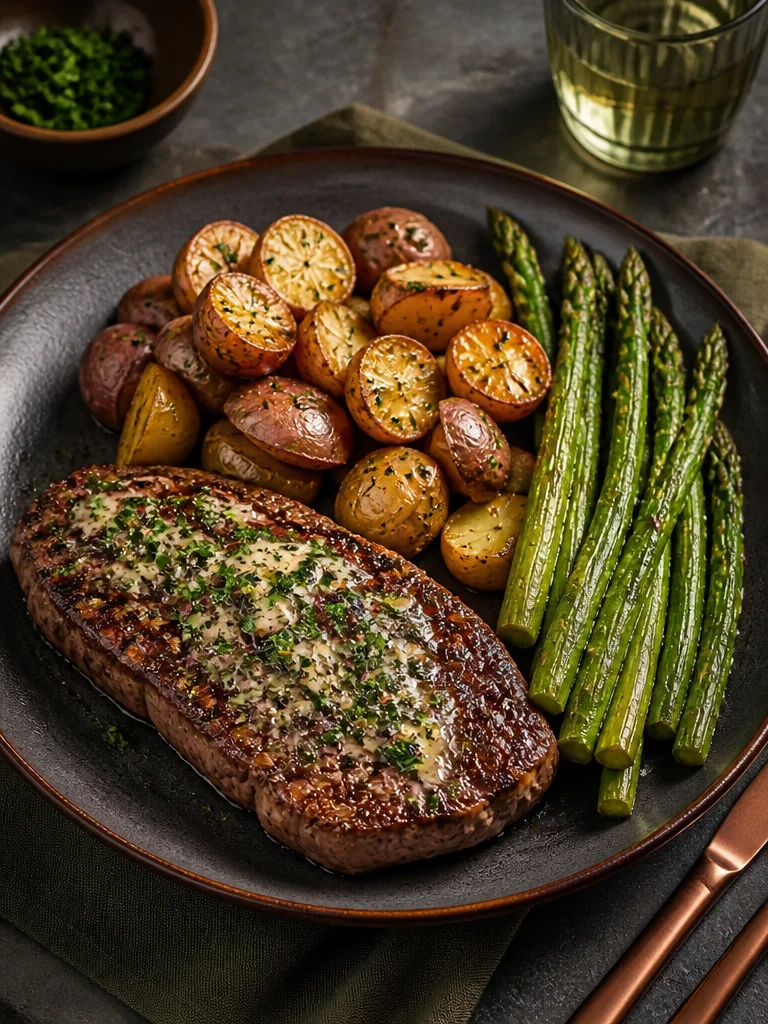 Creamy garlic parmesan steak with herbs and spices on a plate