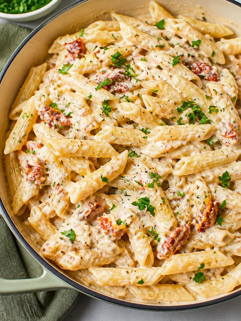 Creamy sun dried tomato chicken pasta served in a bowl, garnished with herbs.