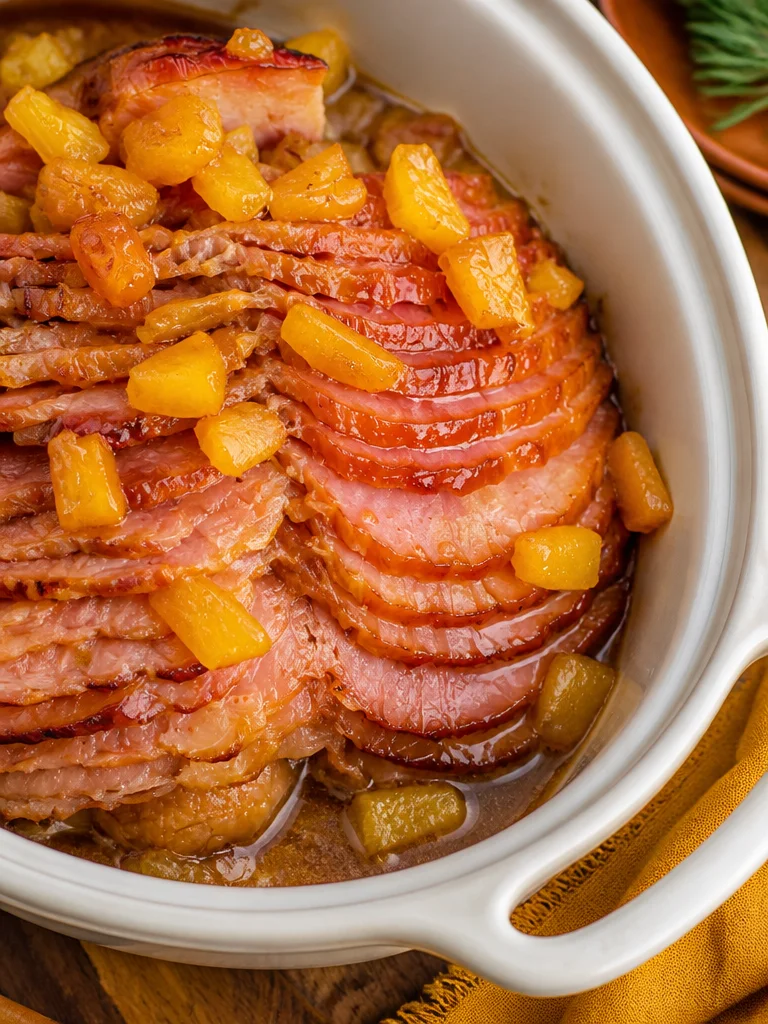 Crock Pot Brown Sugar Pineapple Ham served on a platter