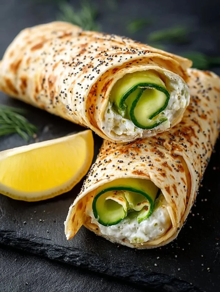 Cucumber cottage cheese wraps with fresh herbs and spices on a plate