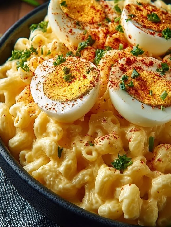 Deviled Egg Macaroni Salad Bowl of deviled egg macaroni salad with vibrant vegetables and herbs