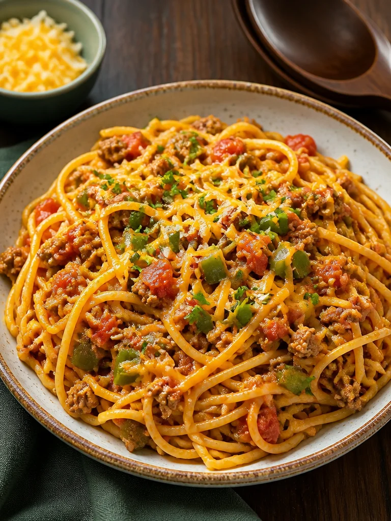 Mexican pasta dinner with vibrant ingredients and rich flavors