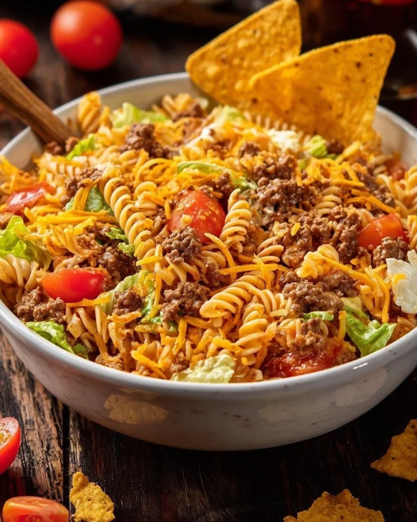 Delicious Doritos Locos Taco Pasta Salad with colorful ingredients.