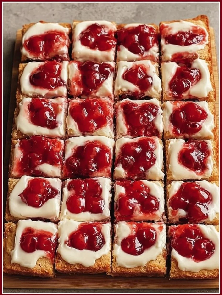Delicious easy cherry bars sliced and ready to serve.