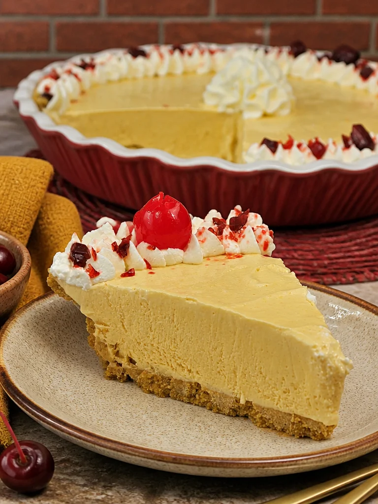 Delicious Easy Root Beer Float Pie topped with whipped cream and cherries