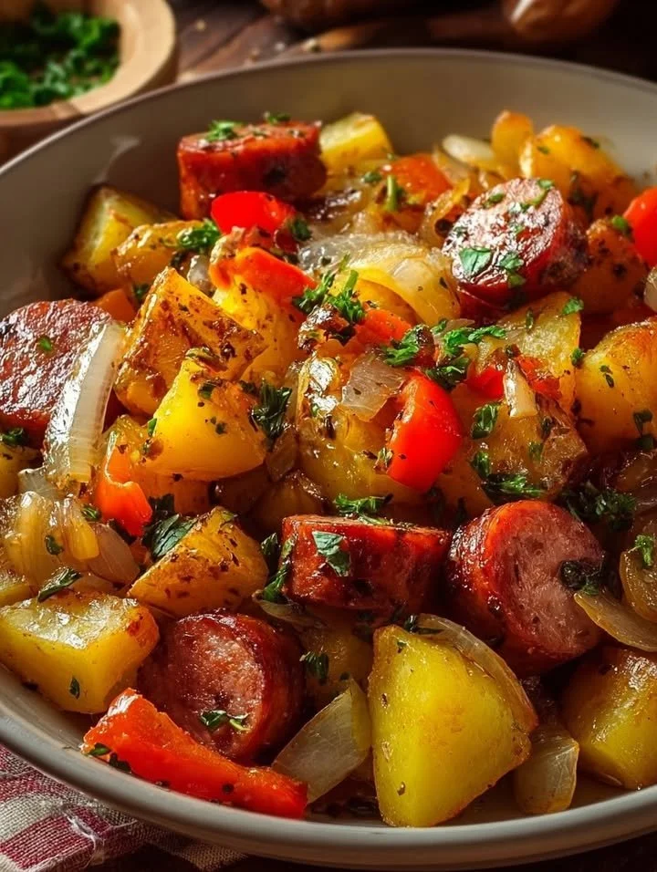 Plate of fried potatoes and onions with slices of smoked sausage