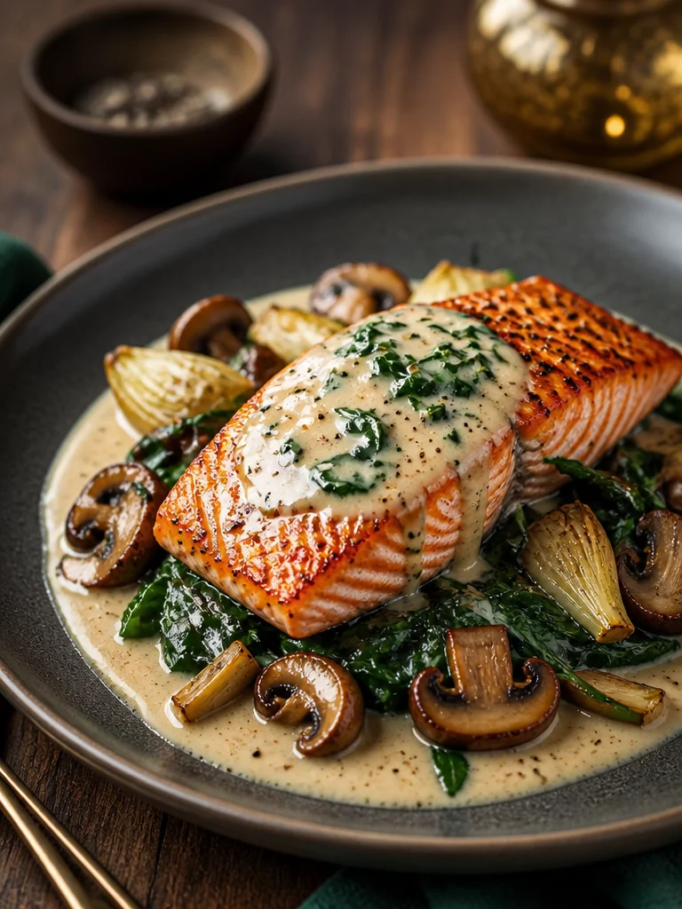 Garlic Butter Salmon served with spinach and mushrooms on a plate