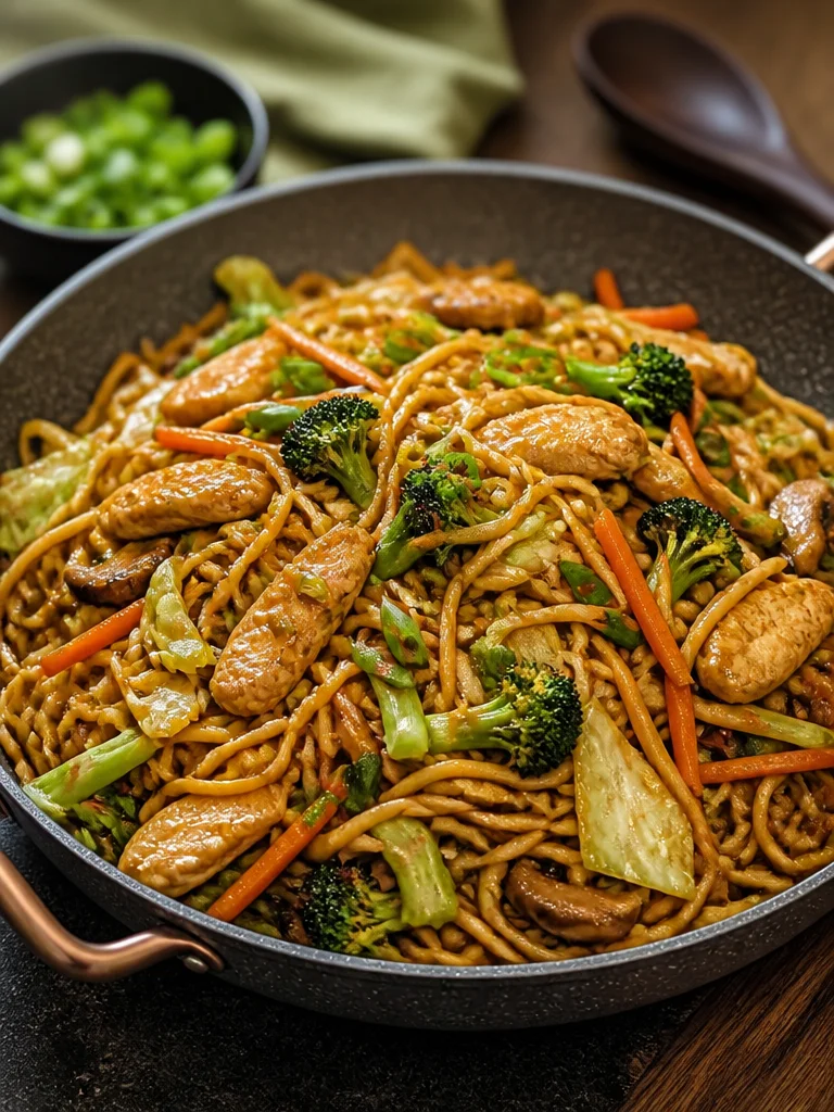 Delicious Garlic Chicken Lo Mein Stir Fry filled with colorful vegetables and tender chicken