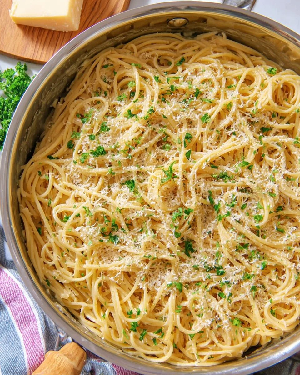 Creamy Garlic Parmesan Pasta served in a bowl with herbs and cheese on top
