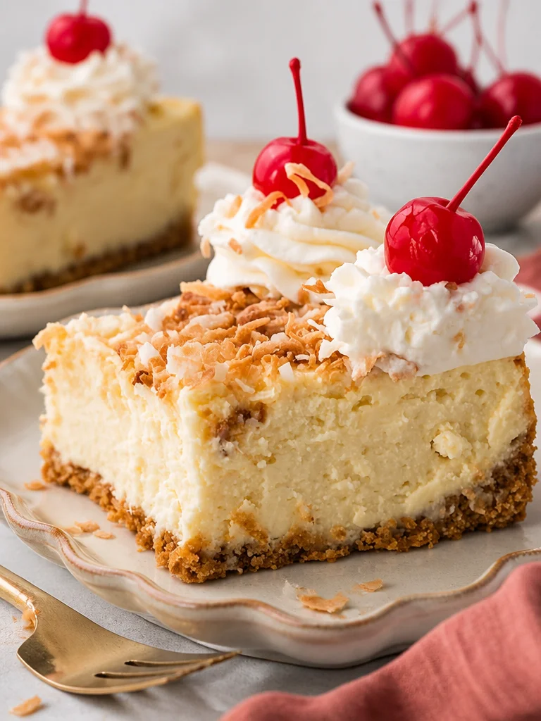 Delicious homemade coconut cream cheesecake topped with whipped cream and coconut flakes
