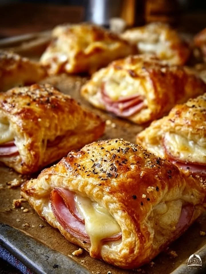 Homemade ham and cheese pockets fresh out of the oven, golden and delicious