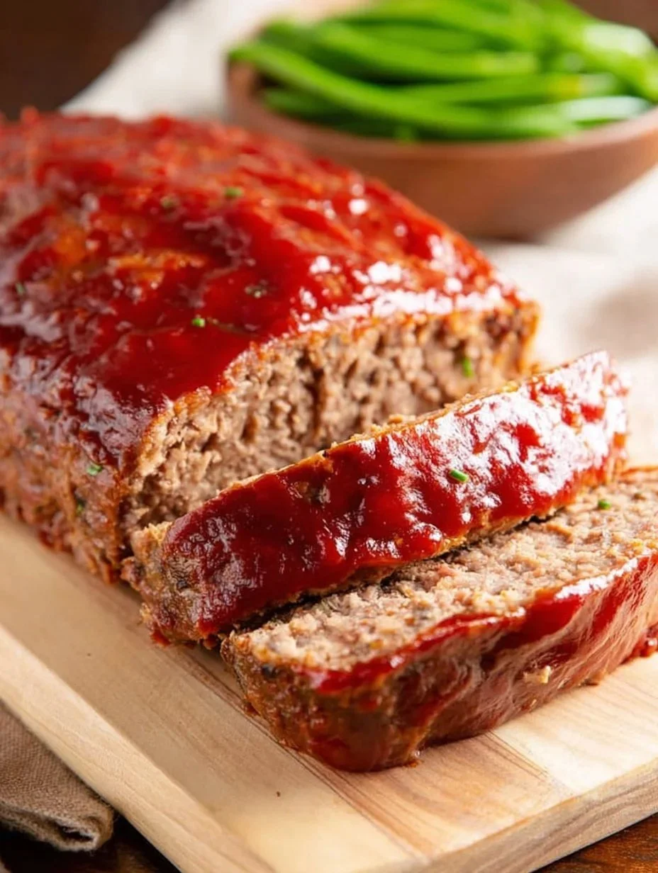 Homestyle meatloaf served with mashed potatoes and green beans